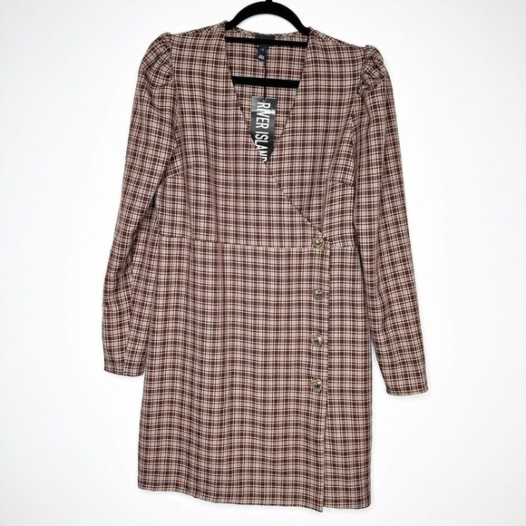 NWT River Island Check Wrap Blazer Dress Women's Heart Buttons Brown Size 12 - Picture 2 of 7